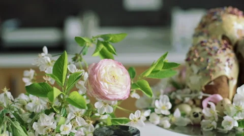 Orthodox Easter cakes with  flowers, close up dolly shot Stock Footage 62290769