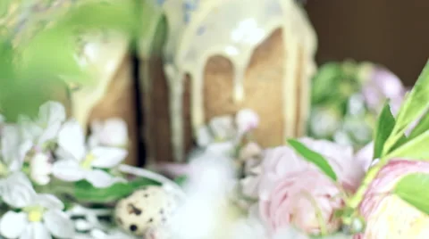 Orthodox Easter cakes in modern interior and with  flowers, close up Stock Footage 62290666