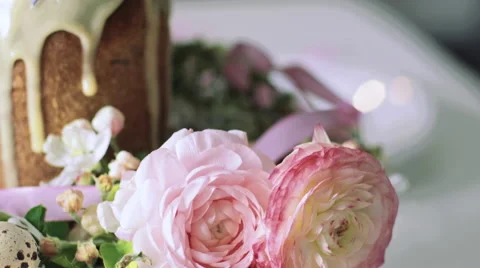 Orthodox Easter cakes in modern interior and with  flowers, close up Stock Footage 62291134