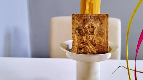 Orthodox Easter, candle, bread, eggs and icon Stock Footage 286222818