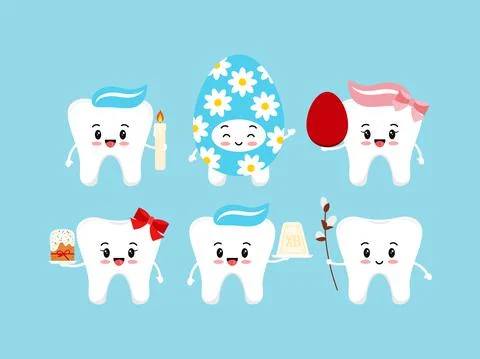 Orthodox Easter cute teeth dental icon set. Stock Illustration