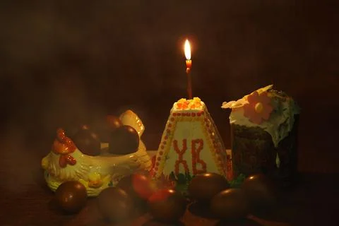 Orthodox Easter, painted eggs and Easter cake. Christian traditions. Stock Photos