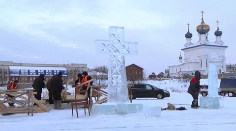 Orthodox holiday of Epiphany. Making Ice-Hole For Winter Swimming Stock-Footage 59557676