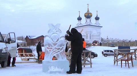 Orthodox holiday of Epiphany. Making Ice-Hole For Winter Swimming. Stock Footage 59587447