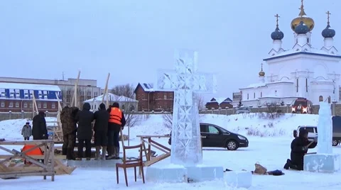 Orthodox holiday of Epiphany. Making Ice-Hole For Winter Swimming. Stock Footage 59603358