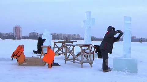 Orthodox holiday of Epiphany. Making Ice-Hole For Winter Swimming. Stock Footage 59603374