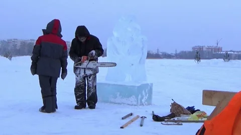 Orthodox holiday of Epiphany. Making Ice-Hole For Winter Swimming. Stock-Footage 59666859