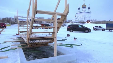 Orthodox holiday of Epiphany. Making Ice-Hole For Winter Swimming. Stock Footage 59666911
