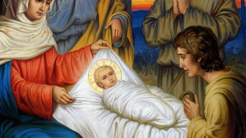Orthodox icon of the Nativity of Christ Stock Footage 145465723