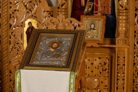 Orthodox Icon on Pulpit Stock Photos