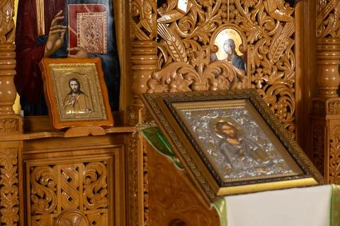 Orthodox Icon on Pulpit Stock Photos