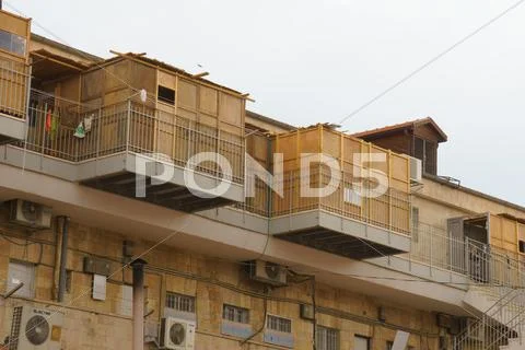 Orthodox Jewish Sukkahs during Sukkot holiday in Jerusalem, Israel Stock Photos