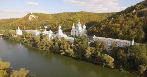 Orthodox Lavra in the forest .Panoramic view. Video stock 97269459