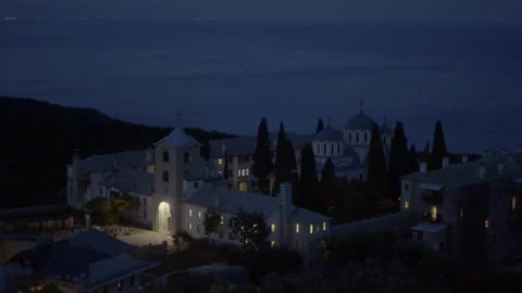 Orthodox monastery on Mount Athos at night Stock Footage 330196504