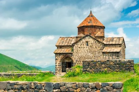 Orthodox monastery Sevanavank on the shores of Lake Sevan, a landmark in Arme 스톡 사진