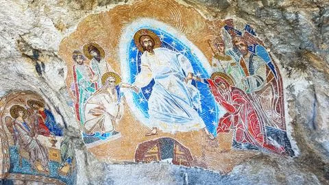 Orthodox mural in a cave Stock Photos