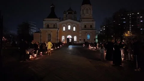 Orthodox Priests Blessing Easter Baskets In Front Of Kyiv Church At Night Stock Footage 332712313