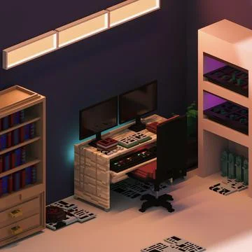 Orthogonal 3D voxel room with a computer desk in focus Ilustración de archivo