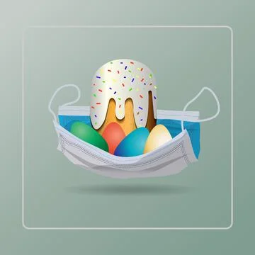 Ortodox Easter. Easter cake and eggs in a medical mask. Coronavirus pandemic. Stock Illustration