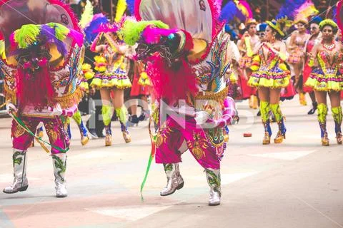 ORURO, BOLIVIA - FEBRUARY 10, 2018: Dancers at Oruro Carnival in Bolivia, dec Stock Photos