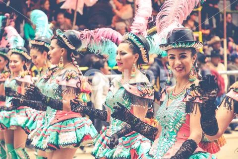 ORURO, BOLIVIA - FEBRUARY 10, 2018: Dancers at Oruro Carnival in Bolivia, dec Stock Photos