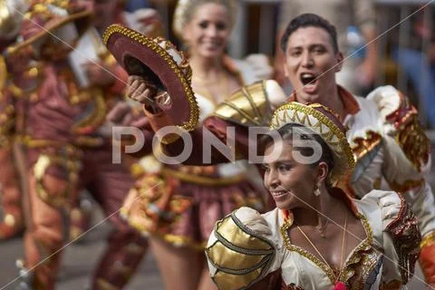 ORURO, BOLIVIA - FEBRUARY 26, 2017: Caporales dancers at the Oruro Carnival Stock Photos
