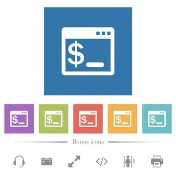 OS command terminal flat white icons in square backgrounds Stock Illustration