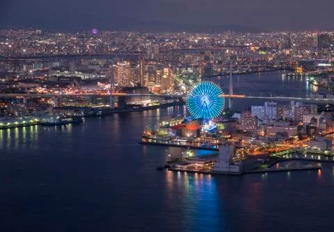 Osaka bay at dusk,View on Cosmo Tower, Osaka Japan Stock Photos