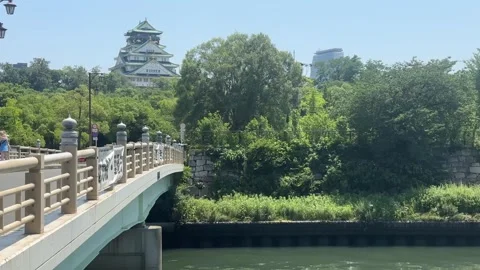 Osaka Castle and Moat Viewed from Bridge, Osaka, Japan 4K Stock Footage 342726441