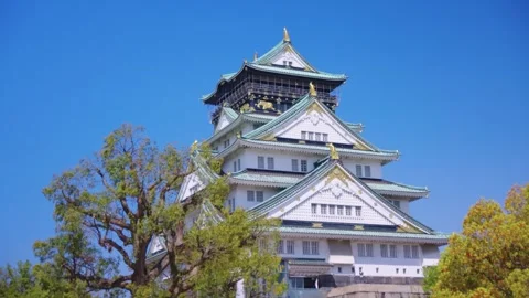 Osaka Castle With Clear Blue Sky Background in Spring in Japan Stock Footage 336387663