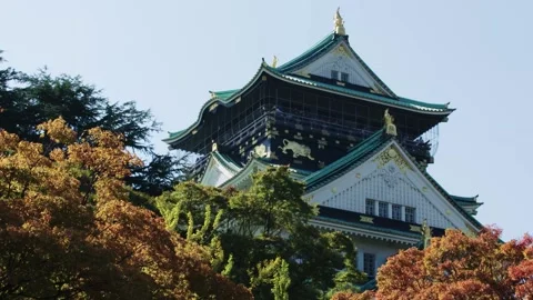 Osaka Castle in Japan on an autumn day with trees and light blue sky Stock Footage