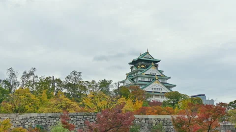 Osaka castle with maple leaf in Autunm season at Japan Stock Footage 220405217