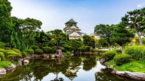 Osaka Castle sunset view timelapse, japanese garden Stock Footage 277410038