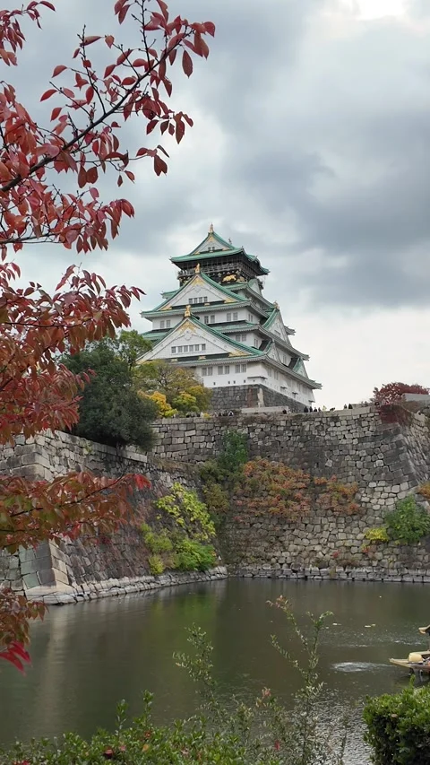Osaka Castle Surrounded by Moat and Autumn Foliage Stock Footage 327881705