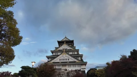 Osaka Castle Surrounded by Moat and Autumn Foliage Stock Footage 327882314