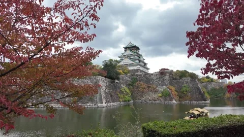 Osaka Castle Surrounded by Moat and Autumn Foliage Stock Footage 327883404