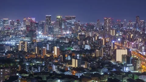 Osaka City Night View Timelapse, High Angle Overview and Road Traffic, Japan 库存影片 334557587