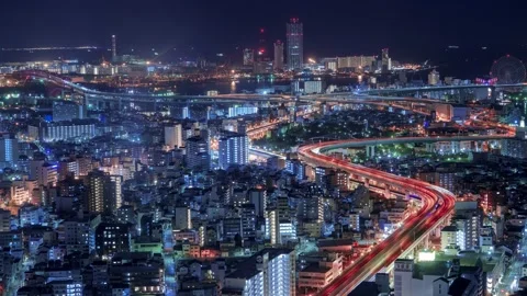 Osaka City Night View Timelapse, High Angle Overview and Road Traffic Stock Footage 334557634