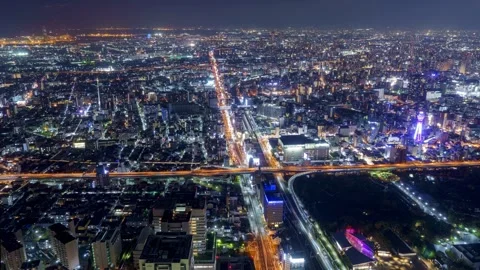 Osaka City Night View Timelapse, High Angle Overview and Road Traffic Stock Footage 334557712