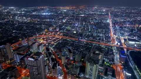 Osaka City Night View Timelapse, High Angle Overview and Road Traffic, Japan Stock Footage 334557766