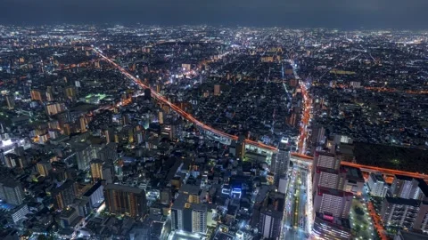 Osaka City Night View Timelapse, High Angle Overview and Road Traffic, Japan Stock Footage 334557822