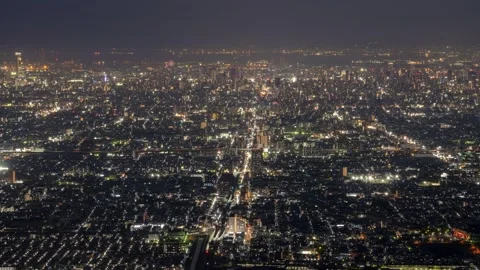 Osaka City Night View Timelapse, High Angle Overview and Wide Area Scenery Stock Footage 334557965