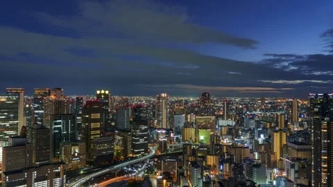 Osaka City Night View Timelapse, High Angle Overview and Road Traffic Stock Footage 334557997