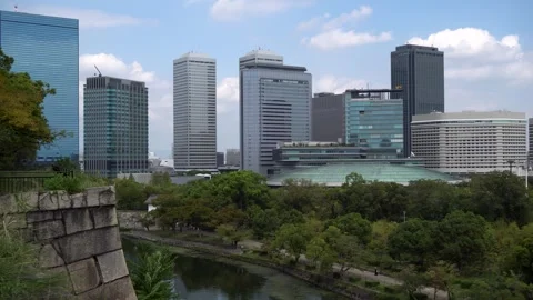 Osaka-Jo Castle Hall and Castle Park with Residential and Office Buildings Stock Footage 264172608