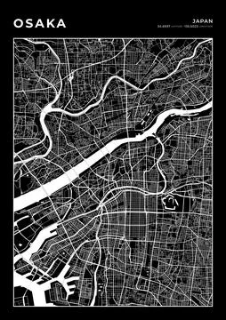 Osaka Map Wall Art Frame, Cartography Map Print, City Layout Map Stock Illustration