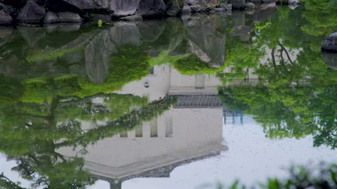 Osaka Museum of Fine Arts Reflection in Keitakuen Garden Pond Osaka Japan Stock Footage 336830433