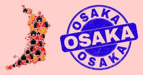 Osaka Prefecture Map Collage of Flame and Buildings and Scratched Osaka Stamp Ilustración de archivo