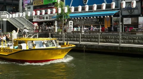 Osaka - Sightseeing boat with tourists. Dotonbori. 4K resolution Stock Footage 65509953