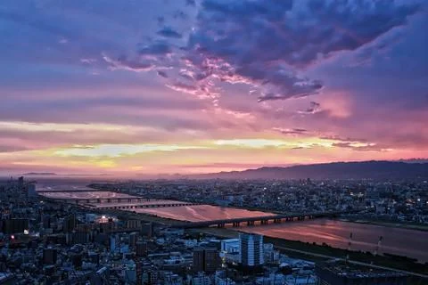 Osaka Sunset City View Stock Photos