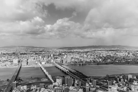 Osaka topview with cloud on daylight black and white. Foto stock